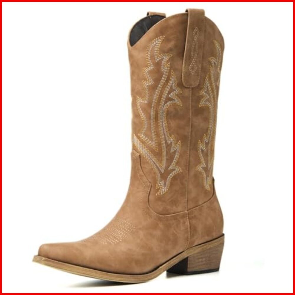Women's Cowboy Boots with Embroidered Chunky Heel, True to Size - Picture 6 of 7